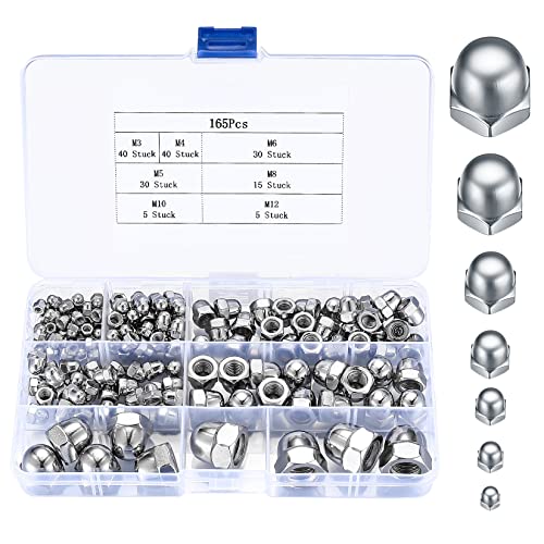 Moer- en Boutenset Assortimenten | Hex Acorn Boutcovers, 165 Stuks Eikelmoeren, Zwarte Koepelmutsen, Roestvrijstalen Koepel Eikel Bout Cup Moeren Beschermcaps Voor Bescherming van Draadstangen Bouten, M3 M4 M5 M6 M8 M1 M12 (Zilver) Bevestigingsmiddelen Moer- en Boutenset Assortimenten