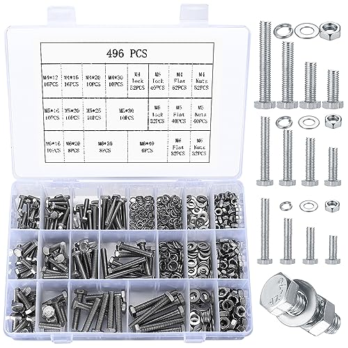 Moer- en Boutenset Assortimenten | Hex Bouten en Moeren en Ringen Assortiment Kit, 496 Stuks Metrische Zeskant Moeren en Bouten Kit, RVS Machinebouten Moeren Platte & Veer Lockringen Set – M4 M5 M6 Bevestigingsmiddelen Moer- en Boutenset Assortimenten