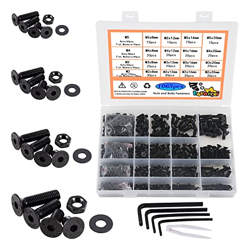 Moer- en Boutenset Assortimenten | M2 M3 M4 M5 Moeren en Bouten Washers Assortiment Set, 1065 Stuks Zwarte Zeskantige Inbusbouten Moeren en Bouten Kit, Draadmachine Zeskantige Bout Set Bevestigingsgereedschap Assortiment Kit Bevestigingsmiddelen Moer- en Boutenset Assortimenten