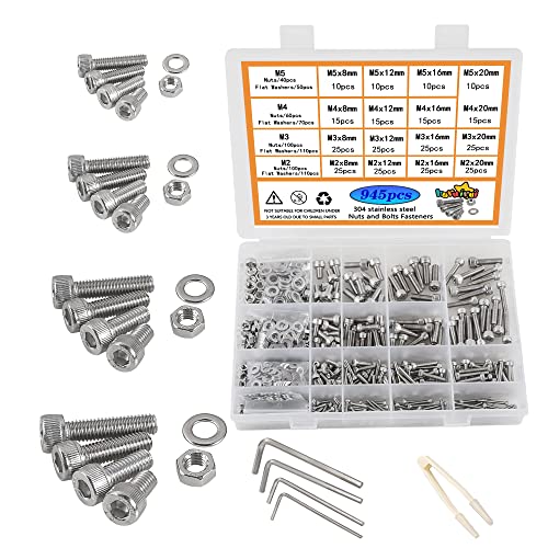 Moer- en Boutenset Assortimenten | M2 M3 M4 M5 Moeren en Bouten Washers Assortiment Set, 304 RVS Zeskant Inbusboutjes Moeren en Bouten Kit 945 Stuks, Draadmachinebouten Zeskantbout Set Bevestigingsgereedschap Assortiment Bevestigingsmiddelen Moer- en Boutenset Assortimenten