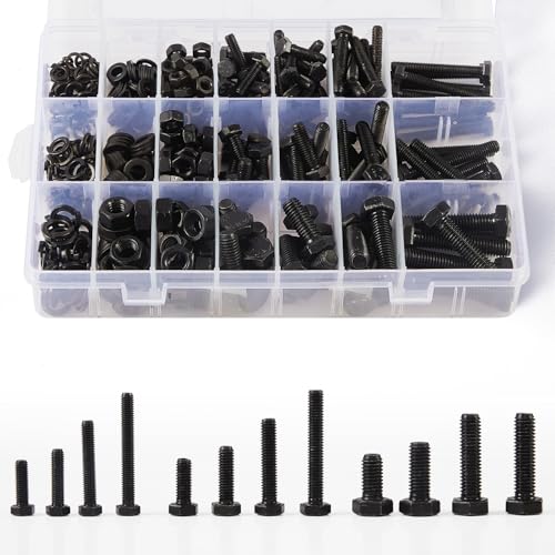 Moer- en Boutenset Assortimenten | M5 M6 M8 Zeskantbouten Schroeven, Moeren, Platte & Veer Washers Assortiment Kit, 8.8 Graad Legeringsstaal, Volledig Gewonden Machine, Zwarte Oxide Afwerking, Inclusief 12 Meest Voorkomende Maten 408 Stuks Bevestigingsmiddelen Moer- en Boutenset Assortimenten