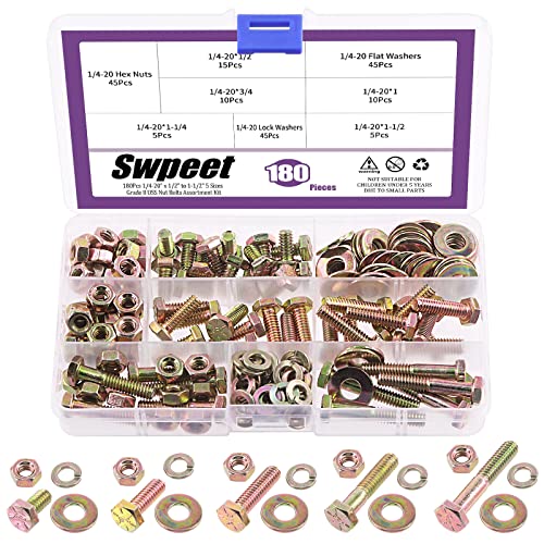 Moer- en Boutenset Assortimenten | Swpeet 18-delige 1/4-2″ X 1/2″ tot 1-1/2″ 5 maten Grade 8 Uss Moeren en Bouten Assortiment Kit, Zware Bouten Moeren en Ring Assortiment Grof Draad Zeskantige Hoofd Bouten, Platte en Vergrendelringen Bevestigingsmiddelen Moer- en Boutenset Assortimenten