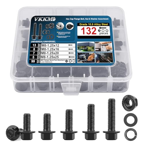 Moer- en Boutenset Assortimenten | Vkkm 132 Stuks M8 Zeskant Moer Flensbout Assortiment Kit / Schroeven, Moeren & Ringen / Zwarte Oxide, M8-1.25 X 12/16/20/25Mm, Herbruikbare Opbergdoos Met Verstelbare Tussenschotten Bevestigingsmiddelen Moer- en Boutenset Assortimenten