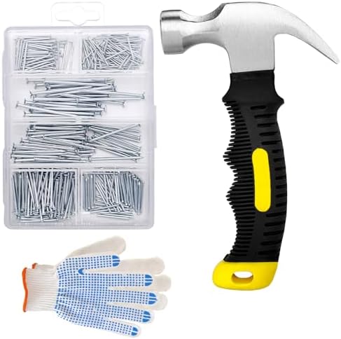 Nagels | 376-delige Assortiment Kit met Hardware Spijkers en 8Oz Kleine Klauwhamer, Mini Hamer met Antislip Handvat, Spijkers voor het Ophangen van Foto’s, Maximale Lengte van 2 Inch Spijkers, Afwerkingsspijkers voor Huishoudelijk Gebruik en Doe-Het-Zelf Projecten Bevestigingsmiddelen Nagels