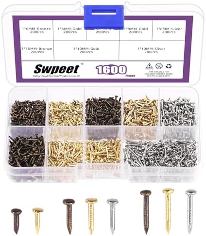 Nagels | Swpeet 16 Stuks 3 Kleuren 6Mm 8Mm 1Mm Kleine Hardware Mini Spijkers Houten Schroeven Assortiment Kit, Mini Houten Spijkers Gouden Zilveren Bronzen Gewone Spijkers Verpakt Voor DIY Decoratie Bevestigingsmiddelen Nagels