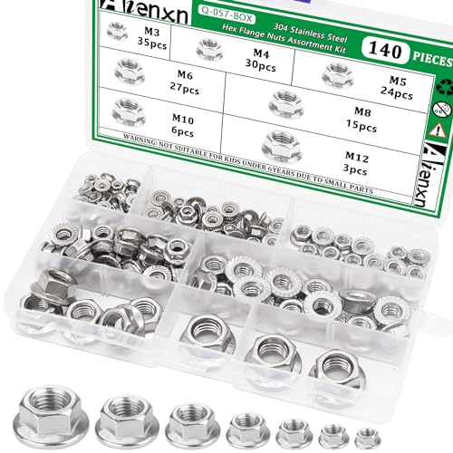 Noten | 140 stuks 7 metrische maten 304 roestvrijstalen hexagonale flensmoeren assortimentskit – M3, M4, M5, M6, M8, M10, M12 Bevestigingsmiddelen Noten