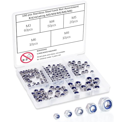 Noten | 150 Stuks Metric Lock Nuts Assortiment Kit, M3 M4 M5 M6 M8 RVS Assortiment Nylon Lock Nuts Set Voor Schroef Bout Bevestigingsmiddelen Noten