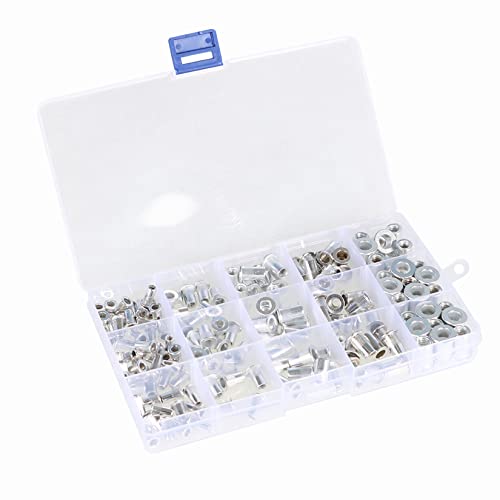 Noten | 150 Stuks RIVET MOEREN KIT SAE (6-32, 8-32, 10-24, 10-32, 1/4-20) Aluminium Platte Hoofd Draadmoer Invoegmoer Nutsert Rivet Moeren Assortiment Kit Bevestigingsmiddelen Noten