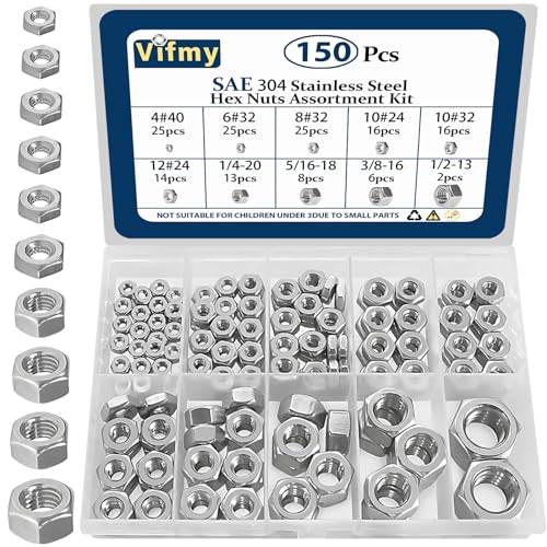 Noten | 150 stuks SAE zeskantmoeren assortiment kit, 4#40 6#32 8#32 10#24 10#32 12#24 1/4-20 5/16-18 3/8-16 1/2-13 hardware moeren sets, 304 roestvrij staal Bevestigingsmiddelen Noten