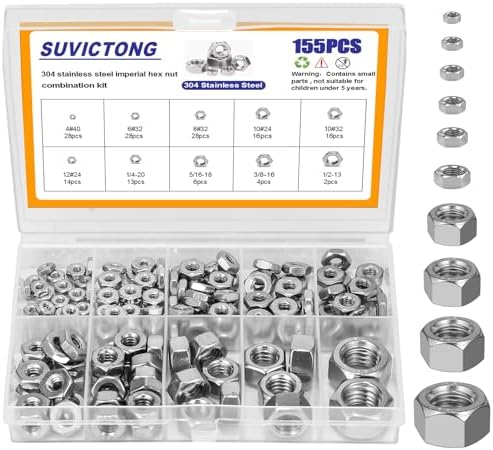 Noten | 155-delige SAE Zeskantmoeren Assortiment Kit, 4#40 6#32 8#32 10#24 10#32 12#24 1/4-20 5/16-18 3/8-16 1/2-13 304 RVS Hardware Moeren Set Door Bevestigingsmiddelen Noten