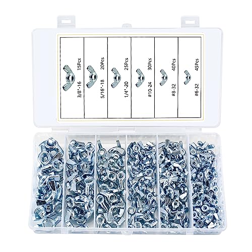 Noten | 175 Stuks Vleugelmoeren Assortiment Set, SAE Standaard Stalen Vleugelbouten Voor DIY Gereedschap, Elektronische Apparaten En Vleugelbouten – 3/8″-16 5/15″-18 1/4″-2# 1-24# 8-32# 6-32 Bevestigingsmiddelen Noten