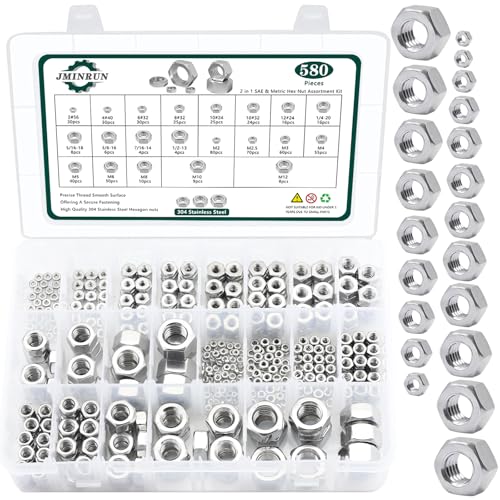 Noten | 2 In 1 SAE & metrische zeskantmoeren assortiment kit, 58 stuks, 34 roestvrijstalen assorti hardware moer sets, 21 maten – 2#56, 4#4, 6#32, 8#32, 1#24, 1#32, 12#24, 1/4″-2, 5/16″-18, 3/8″-16, 7/16″-14, 1/2″-13, M2-M12. Bevestigingsmiddelen Noten