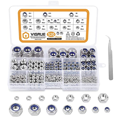 Noten | 520 stuks hex lockmoeren met nylon inzet, assortimentskit, 304 roestvrijstalen hex lockmoeren (M2 M2.5 M3 M4 M5 M6 M8 M10 M12) Bevestigingsmiddelen Noten