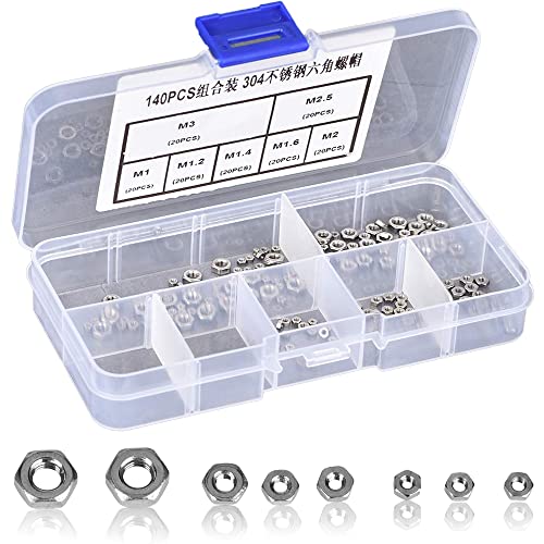 Noten | Hexmoeren, 140 stuks Hardware Moeren, RVS Hexmoeren Assortiment Kit, M1/M1.2/M1.4/M1.6/M2/M2.5/M3 Hexdraadmoeren Bevestigingsmiddelen Noten