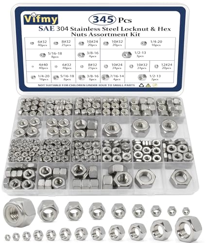 Noten | Sae Hex Moeren & Slotmoeren Assortiment Kit (345 Stuks), 4#40 6#32 8#32 10#24 10#32 12#24 1/4-20 5/16-18 3/8-16 7/16-14 1/2-13 304 RVS Hardware Set, Hex Moeren Assortiment Met Nylon Slotmoeren Bevestigingsmiddelen Noten