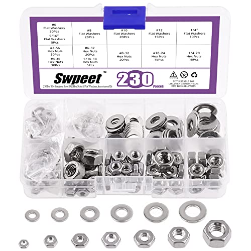 Noten | Swpeet 23-delige SAE 34 RVS Zeskantmoeren en Platte Ringen Assortiment Kit, Grof Gewinde Zeskantmoer – #6#8#1#12 1/4″ 5/16″ #2-56#4-4#6-32#8-32#1-24 1/4-2 5/16-18 Bevestigingsmiddelen Noten