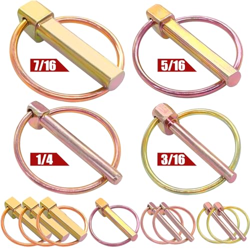 Pinnen | 12 Stuks Lynch Pin 1/4″ 3/16″ 5/16″ 7/16″ Assortiment Kit Gouden Lynch Pin met Ring voor Boerderijtractoren, Aanhangers, Vrachtwagens, Maaiers, Trolleys, enz. N-055-12Stuks-G Bevestigingsmiddelen Pinnen