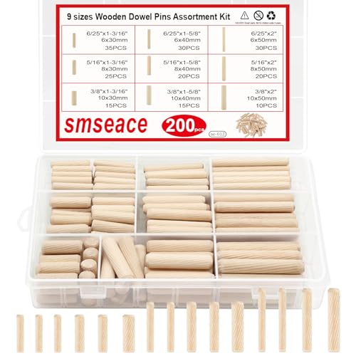 Pinnen | 200 Stuks Houten Dowel Pins Met Tapered End En Vellinghoek Groef Houten Pinnen – 9 Maten 6/25″ 5/16″ 3/8″ (6Mm, 8Mm, 10Mm) Geschikt Voor Ambachten, Meubels, Deuren, Doe-Het-Zelf Projecten Bevestigingsmiddelen Pinnen