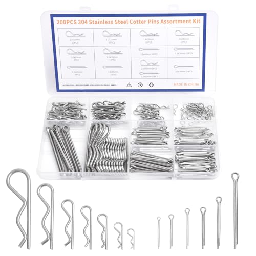 Pinnen | Cotter Pin Assortiment Kit – 200 Stuks Hardware Pins Set, 304 RVS Kotter Pins, 13 Waarden Carter Sleutelpins, Split Pin Bevestigingsclips, Rechte Haarspelden (13 Maten – 200 Stuks) Bevestigingsmiddelen Pinnen