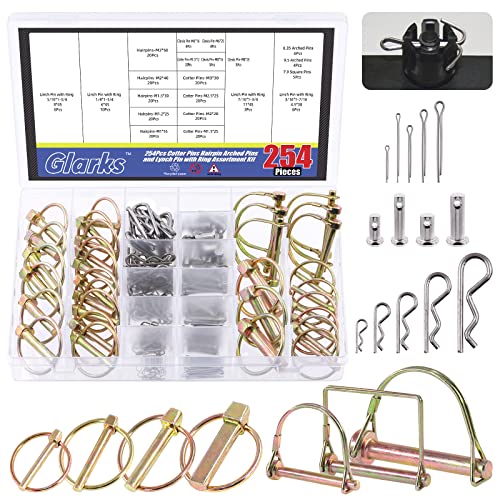 Pinnen | Glarks 254 Stuks Gemengde Lynchpennen, Linchpennen, PTO-pennen en Clevis-pennen, Splitpennen, Haarpennen, R Clips Assortiment Kit – 5 Stijlen Pennen Bevestigingsmiddelen voor Mechanica, Auto’s, Trailers, Tractors, Vrachtwagens en Grasmaaiers. Bevestigingsmiddelen Pinnen