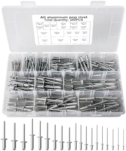 Rivetten | 250 stuks RVS klinknagelset, aluminium blinde klinknagels, assortiment popnagels, 18 maten grote flensklinknagel (3/32″, 1/8″, 5/32″, 3/16″, 1/4″), waterdichte klinknagels voor doe-het-zelf meubelonderhoud Bevestigingsmiddelen Rivetten