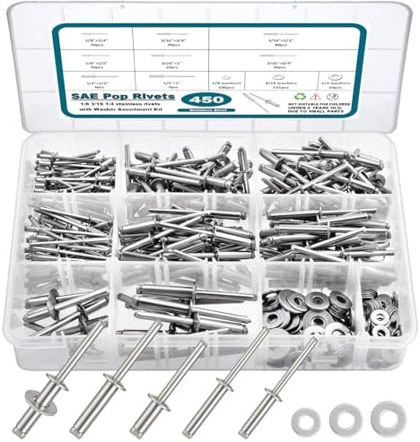 Rivetten | 450 stuks 304 RVS Popnagels met Wasringen Assortiment Kit, 1/8″ 3/16″ 1/4″ Assorted Blinde Popnagels 8 SAE Maten, Doe-Het-Zelf / Thuis / Auto Reparaties Bevestigingsmiddelen Rivetten