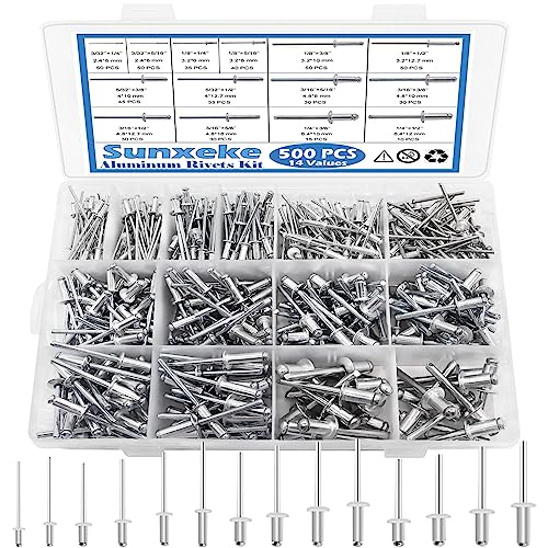 Rivetten | 500 Stuks Popnagels Aluminium Popnagel Assortiment Kit (3/32″ 1/8″ 5/32″ 3/16″ 1/4″), 14 Verschillende Maten Blinde Popnagels Voor Het Monteren Van RV, Meubels En Kunststof Raamkozijnen (Zilver) Bevestigingsmiddelen Rivetten