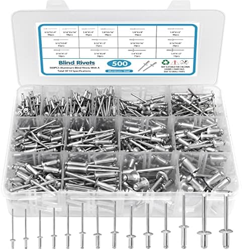 Rivetten | 500 Stuks Popnagels Assortiment Kit, 14 SAE Maten Aluminium Popnagels (3/32″, 1/8″, 5/32″, 3/16″, 1/4″), Assortiment Blinde Popnagels Met Versterkte Verdelers & Gelabelde Doos Bevestigingsmiddelen Rivetten