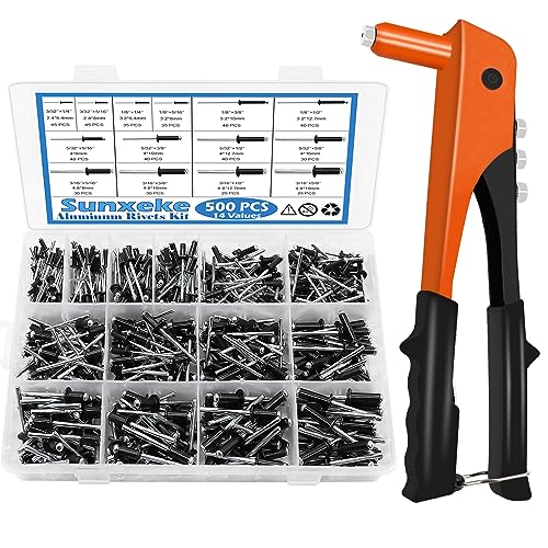 Rivetten | 500 Stuks Zware Handrivetset Rivet Gun Tool & 500 Stuks Aluminium Blinde Rivierset Assortiment Kit, 14 Maten Poprivet Assortiment Kit (Zwart) Bevestigingsmiddelen Rivetten