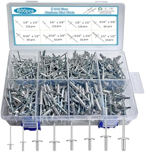 Rivetten | 6 Stuks Aluminium Blinde Popnagels, 8 SAE Maten Popnagel Assortiment Kit (1/8″ 3/16″ 1/4″), Diverse Grote Flens Blinde Popnagels Met Doos Bevestigingsmiddelen Rivetten