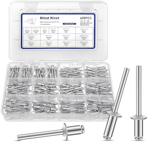 Rivetten | 600 Stuks 14 Maat Riviervet Pop Rivet Assortiment Kit Aluminium Riviervet (3/32″ 1/8″ 5/32″ 3/16″ 1/4" 5/16" 3/8" 1/2" 5/8") Gevarieerde Blinde Riviervet Met Verdeelbak Gelabelde Koffer Voor Opslag Bevestigingsmiddelen Rivetten