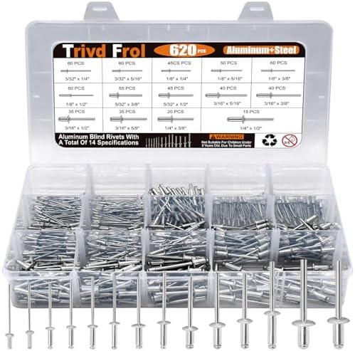 Rivetten | 62-delige Popnagel Assortiment Kit, 14 SAE Maten Aluminium Blinde Popnagels (3/32″, 1/8″, 5/32″, 3/16″, 1/4″) Met Versterkte Etui Voor Auto’s, Luchtvaart, Meubels, Etc. Bevestigingsmiddelen Rivetten