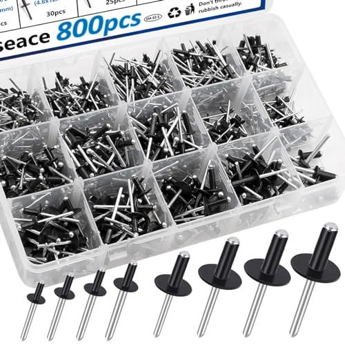 Rivetten | 800 Stuks Zwarte Popnagels Met Grote Flens Popnagel Assortiment Kit 7 Maten Zwarte Popnagels Met Grote Kop (1/8″ 3/16″ 1/4″) 8 Maten Kleine Popnagels (3/32″ 1/8″ 5/32″ 3/16″) Popnagel Assortiment Kit Bevestigingsmiddelen Rivetten