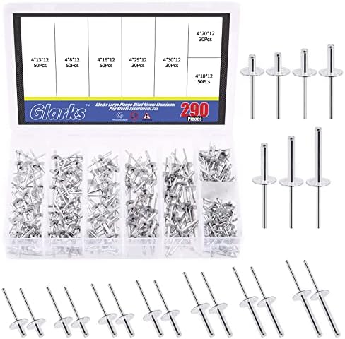 Rivetten | Glarks 29-delige set grote flens aluminium blindnieten, popnieten assortiment voor het verbinden van metalen platen, buizen en automotive, maten 5/32″, 5/16″, 3/8″, 1/2″, 5/8″, 13/16″, 1″, 1-3/16″. Bevestigingsmiddelen Rivetten