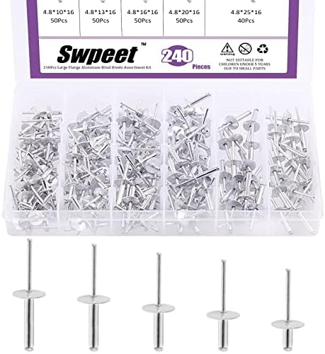 Rivetten | Swpeet 24Stuks 3/16″ X 3/8″ / 1/2″ / 5/8″ / 3/4″ / 1″ Grote Flens Aluminium Blinde Popnagels Set, Zilveren Popnagels Open Eind Type Voor Binnen- En Buitengebruik Bevestigingsmiddelen Rivetten