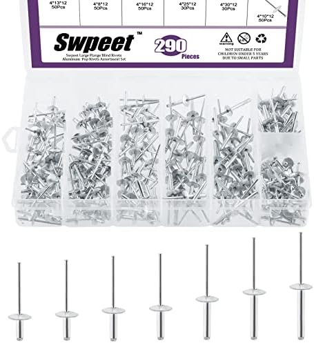 Rivetten | Swpeet 29 Stuks 5/32″ X 5/16″ / 3/8″ / 1/2″ / 5/8″ / 3/4″ / 1″ / 1-3/16″ Grote Flens Aluminium Blinde Popnagels Set, Zilveren Popnagels Open Eind Type Popnagel Voor Binnen- En Buitengebruik Bevestigingsmiddelen Rivetten