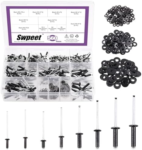 Rivetten | Swpeet 56 stuks zwarte 3/32″, 1/8″, 5/32″, 3/16″ popnagels assortiment kit met roestvrijstalen achterwasmachines, gemengde aluminium blindnagels met gescheiden gelabelde opbergdoos. Bevestigingsmiddelen Rivetten