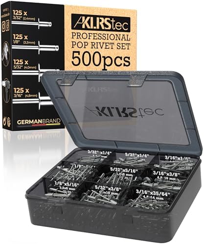 Rivetten | tec Professionele Popnagel Assortiment Kit [500 Stuks] Aluminium Popnagels Voor Popnagel Gereedschappen 125 Stuks Per Maat (3/64“ 1/8“ 5/32“ 3/16“) Bevestigingsmiddelen Rivetten