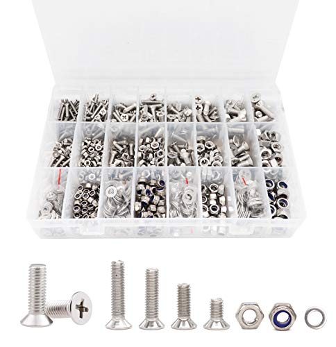 Schroef- en Boutenset Assortimenten | 1020 Stuks M3 M4 M5 M6 Platte Phillips Verzonken Kop Machine Schroeven Bouten Moeren Ringen Assortiment Kit, 304 RVS, Zilverkleurig Bevestigingsmiddelen Schroef- en Boutenset Assortimenten