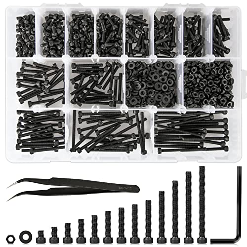 Schroef- en Boutenset Assortimenten | 1023 Stuks Metrische M3 Bouten Assortiment 13 Lengtes van 4Mm tot 40Mm, 12.9 Legeringsstaal Schroeven Moeren en Ringen Zeskantige Inbuskop Bouten, Zwarte Bouten en Moeren Set Bevestigingsmiddelen Schroef- en Boutenset Assortimenten