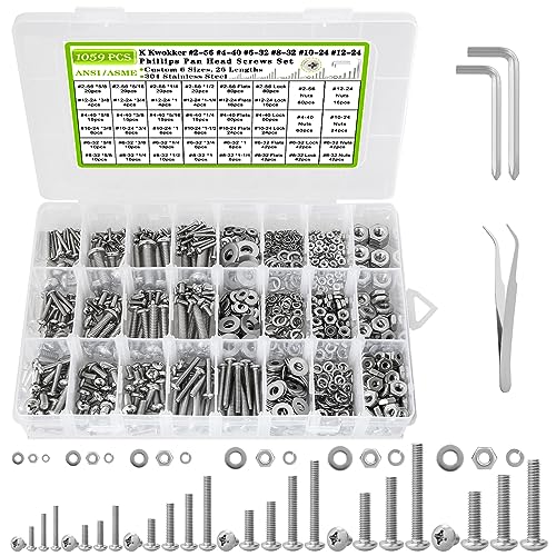 Schroef- en Boutenset Assortimenten | 1059-delige Moeren en Bouten Assortiment Kit Phillips Pan Head #2-56 #4-40 #6-32 #8-32 #10-24 #12-24 Machinebouten, 26 maten 304 RVS Schroeven Moer en Bout Assortiment met Schroef Organizer Bevestigingsmiddelen Schroef- en Boutenset Assortimenten