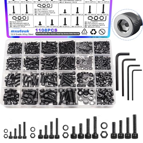 Schroef- en Boutenset Assortimenten | 1108 Stuks M3 M4 M5 M6 Hex Socket Head Cap Metric Schroef Assortiment Kit, 12.9 Koolstofstaal Hex Socket Head Cap Schroeven Bouten Moeren Kit Met 4 Inbussleutels Bevestigingsmiddelen Schroef- en Boutenset Assortimenten