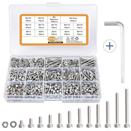 Schroef- en Boutenset Assortimenten | 1110 Stuks M3 Metrische Bouten En Moeren Assortiment Kit, 304 Roestvrijstalen Zeskant Inbuskop Bouten, Platte Ringen, Machine Schroeven, M3 X 4/5/6/8/10/12/14/16/18/20/25/30 Mm Schroeven En Moeren Set Met Inbussleutel Bevestigingsmiddelen Schroef- en Boutenset Assortimenten