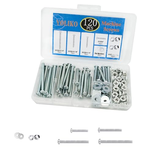 Schroef- en Boutenset Assortimenten | 12 Stuks Machinebouten 8/32 Knop-/Trekbouten Moeren Platte Ringen Assortiment Kit Koolstofstaal Verzilverd Phillips Geschikt Voor Industriële En Bouwbevestigingen 4 Maten Lengte #8-32X1″ Tot #8-32X1-3/4″ Bevestigingsmiddelen Schroef- en Boutenset Assortimenten