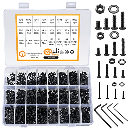 Schroef- en Boutenset Assortimenten | 1225 Stuks M2 M3 M4 M5 Hex Knop Schroeven Bouten Moeren Platte Ringen Assortiment Kit, Koolstofstaal Zwarte Machineschroeven En Moeren En Bouten En Ringen Set (1225Zwart) Bevestigingsmiddelen Schroef- en Boutenset Assortimenten