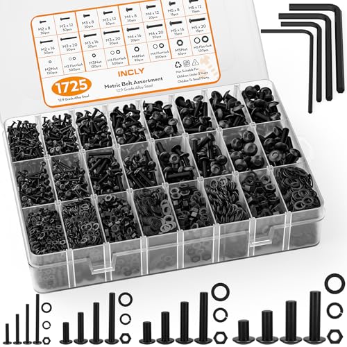 Schroef- en Boutenset Assortimenten | 1725-delige metrische schroefassortiment kit, M2 M3 M4 M5 metrische bouten en moeren assortimentset met slot- en vlakke ringen, klasse 12.9 legeringstaal zeskantbouten assortimentskit Bevestigingsmiddelen Schroef- en Boutenset Assortimenten