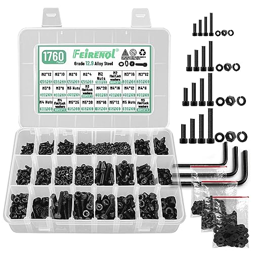 Schroef- en Boutenset Assortimenten | 176-delige metrische schroefassortiment M2 M3 M4 M5, Kwaliteit 12.9 legeringstaal zeskantige inbuskopbouten en moeren assortimentskit, Metrische schroefmoeren en bouten met vlakke en borgringen set, 4 inbussleutels inbegrepen Bevestigingsmiddelen Schroef- en Boutenset Assortimenten