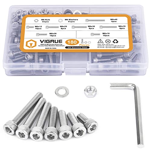 Schroef- en Boutenset Assortimenten | 180 stuks M6 RVS Bouten Kit, M6X12/16/20/25/30/35/40Mm Zeskantige Inbuskop Bouten Moeren Ringen Assortiment, Volledige Onvolledige Draad Bevestigingsmiddelen Schroef- en Boutenset Assortimenten