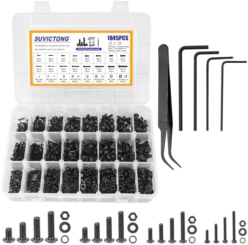 Schroef- en Boutenset Assortimenten | 1845-delige machine schroeven assortiment kit, hex knopkop bouten en moeren kit met slot- en vlakke ringen inclusief M2, M3, M4, M5 maten, 10.9 legering staal metrische inbusbout set met inbussleutel. Bevestigingsmiddelen Schroef- en Boutenset Assortimenten