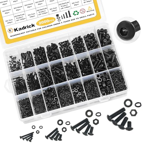 Schroef- en Boutenset Assortimenten | 2000 Stuks Metrische Schroef Assortiment Kit, Metrisch Bout Assortiment M2 M3 M4 M5 Machineschroeven met Slot- en Platte Ringen, Kwaliteit 10.9 Legeringsstaal Zeskantige Inbusknopkop Zwarte Schroeven Moeren en Bouten Kit Bevestigingsmiddelen Schroef- en Boutenset Assortimenten